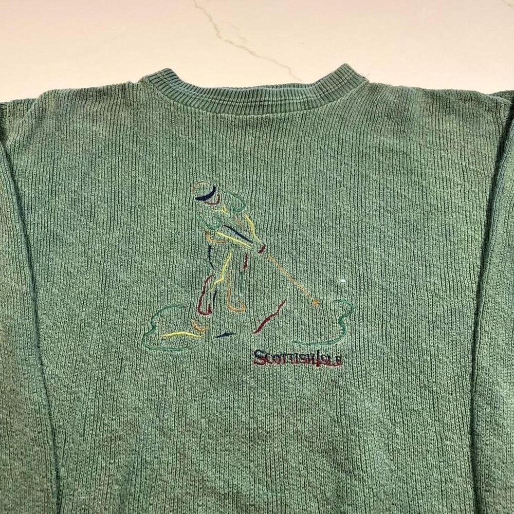 Scottish Isle Sweater Mens Medium Green Embroidered Golf Ribbed Knit USA Made